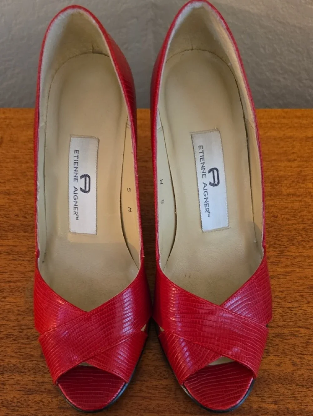 Etienne Aigner Red Peep-Toe Leather Heels